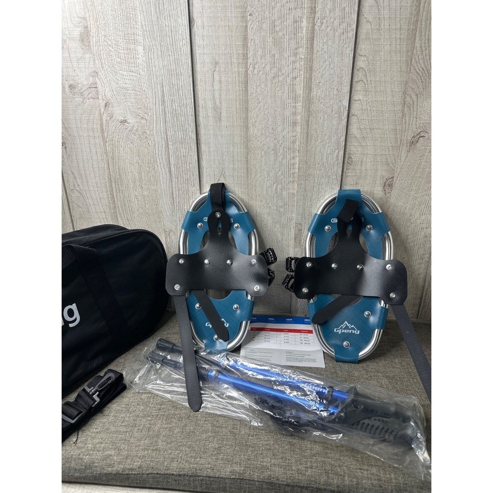 Kids 14-Inch Snowshoes Set w/ Poles & Carry Bag Lightweight Aluminum Frame Blue